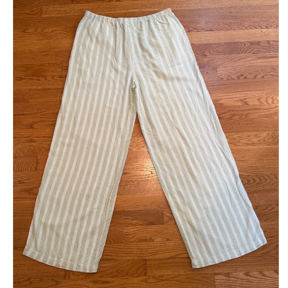 Cali 1850 Linen Blend Striped Wide Leg Pants Sage Green White Large - Picture 2 of 6